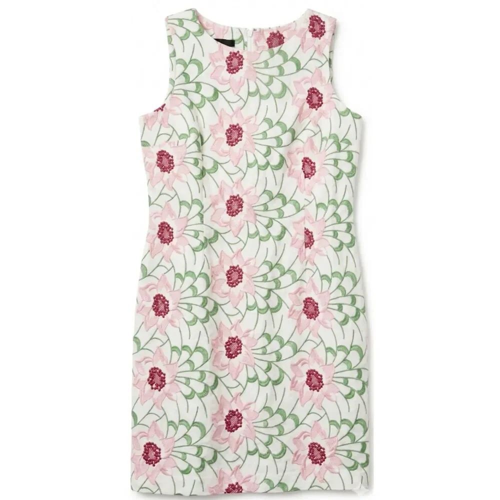 Talbots womens size 12 petite allover embroidery white pink green sheath dress